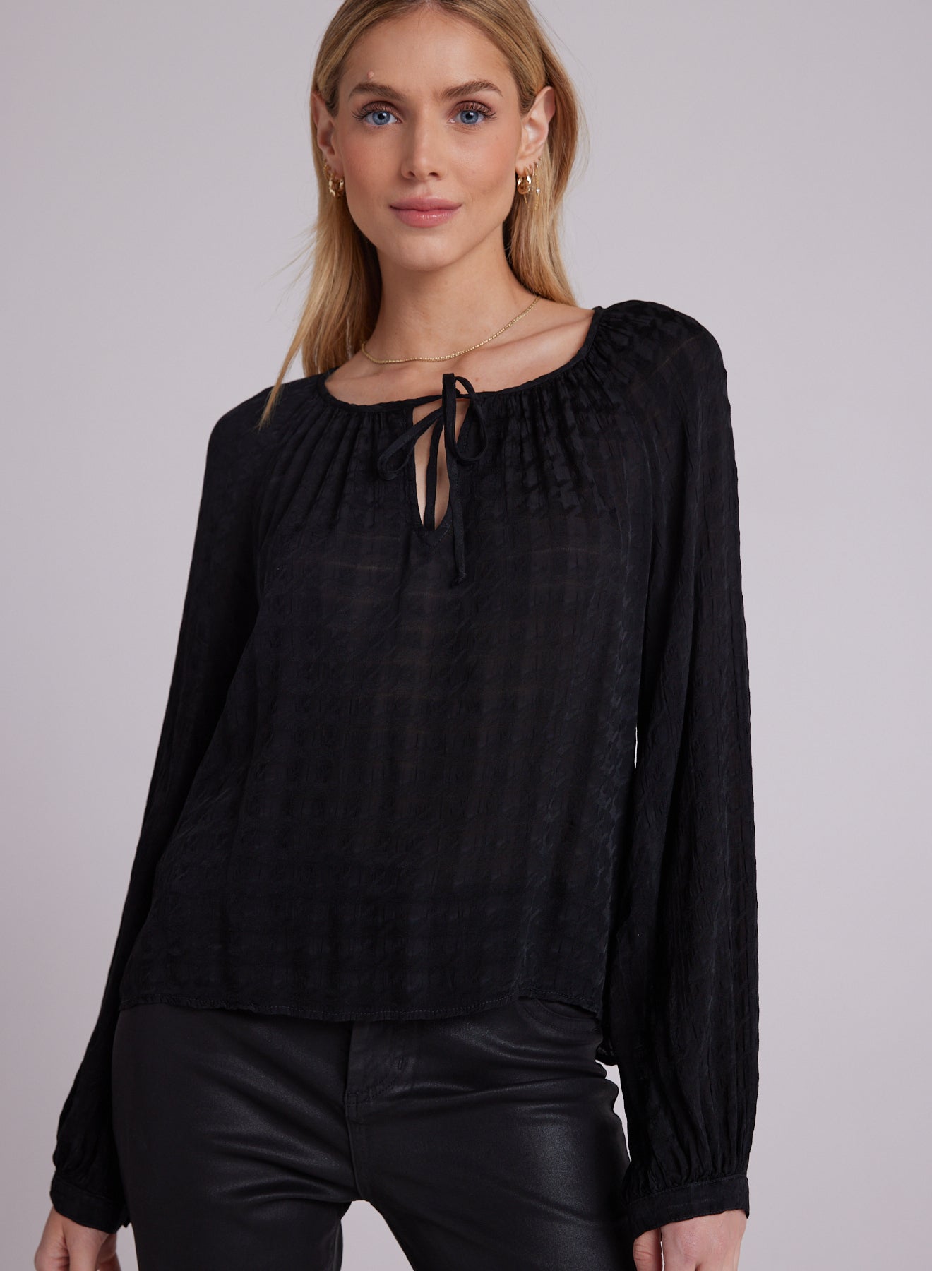 Shirred Raglan Tie Front Blouse - Black