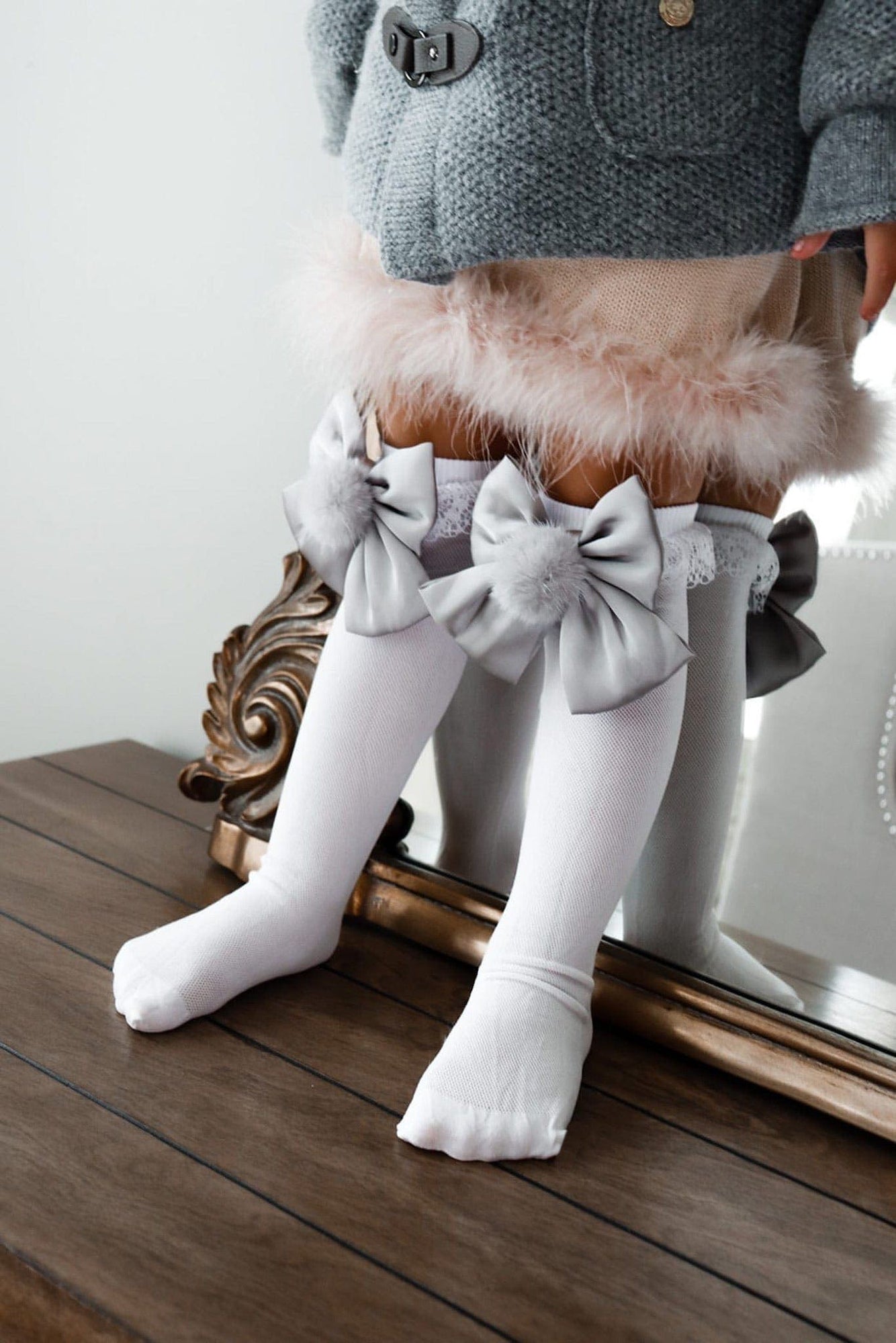 Lana Ruffle Socks with Poms and Bows  | Silver