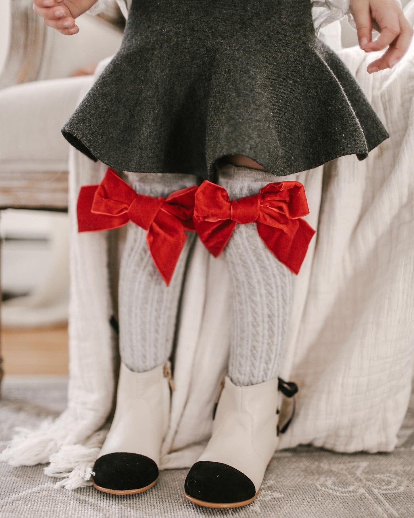 Grey Knee High Socks with Red Velvet Bow | Red