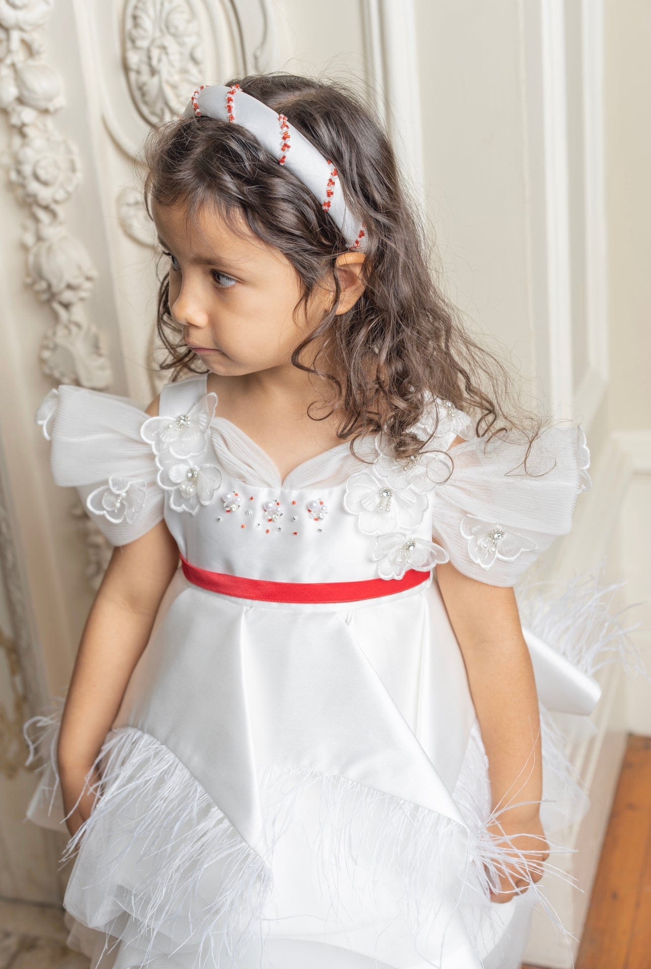 Constanza White Ceremony  Dress with Red Bow | Red