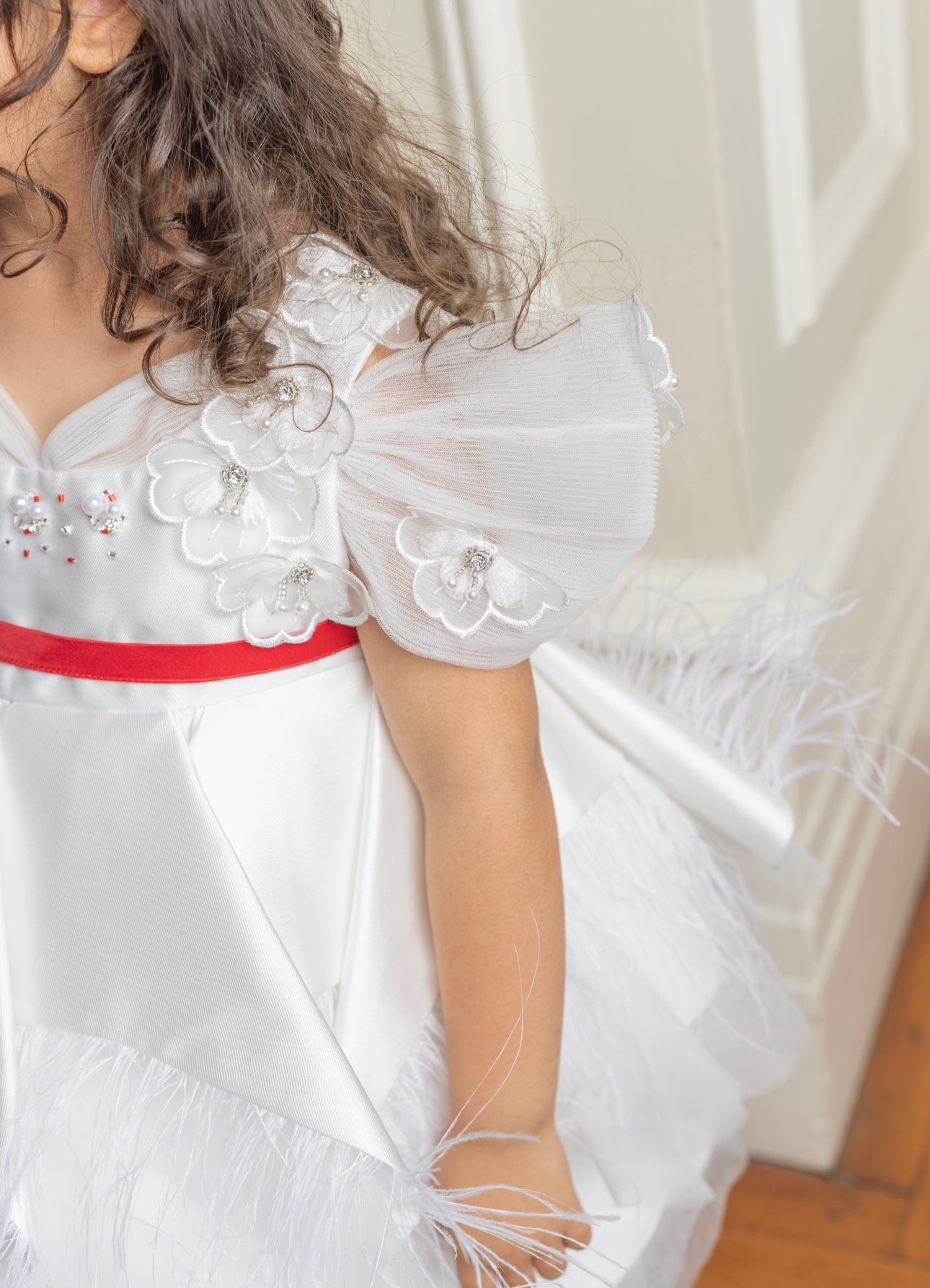 Constanza White Ceremony  Dress with Red Bow | Red