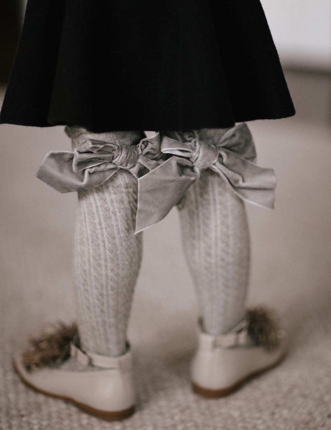 Grey Knee High Socks with Grey Velvet Bow | Grey