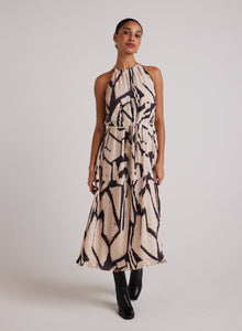 Knife Pleat Halter Maxi Dress | Ivory Mosaic Print