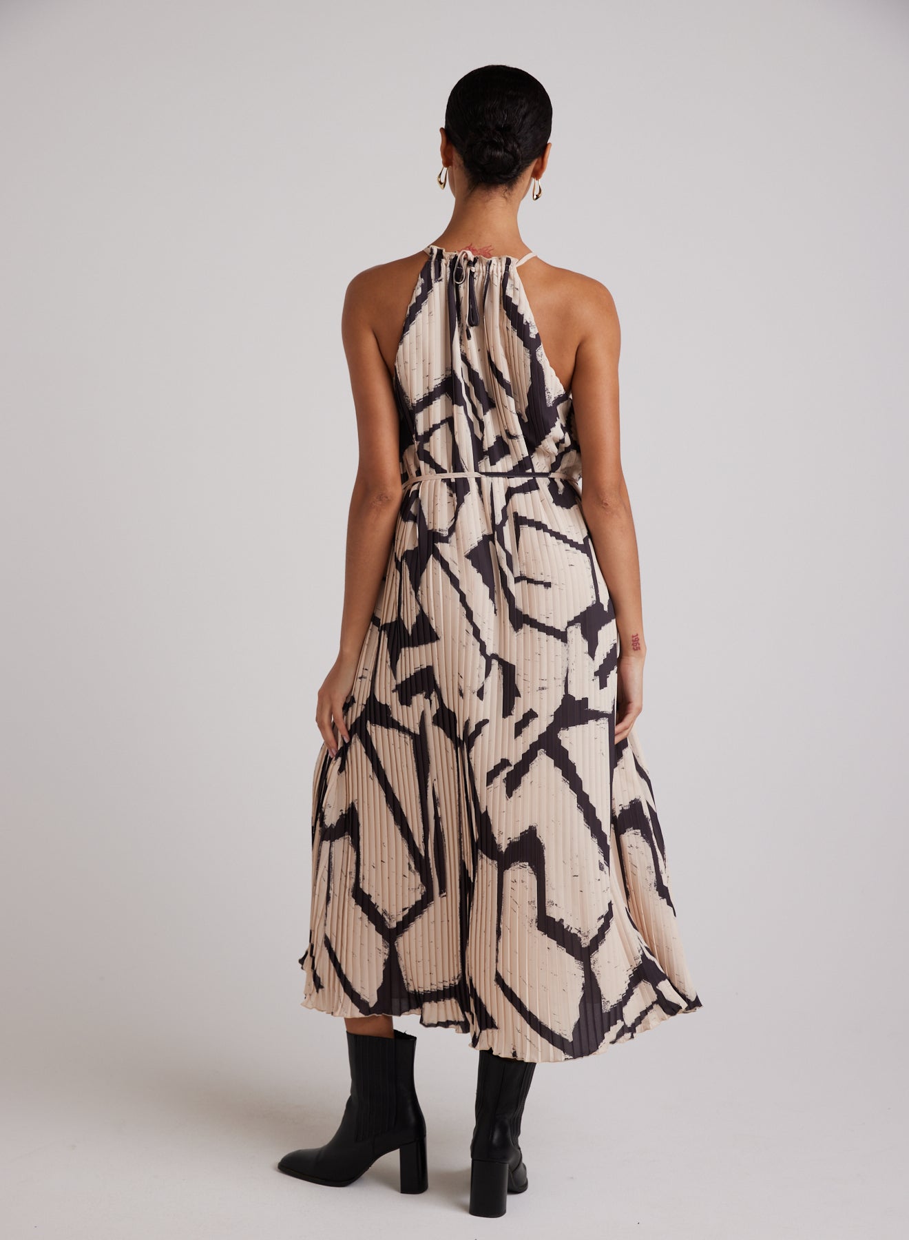 Knife Pleat Halter Maxi Dress | Ivory Mosaic Print