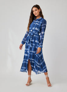 Long Sleeve Pleated Maxi Shirt Dress | Ocean Tides Print