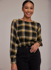Long Sleeve Smocked Blouse | Green & Black Plaid