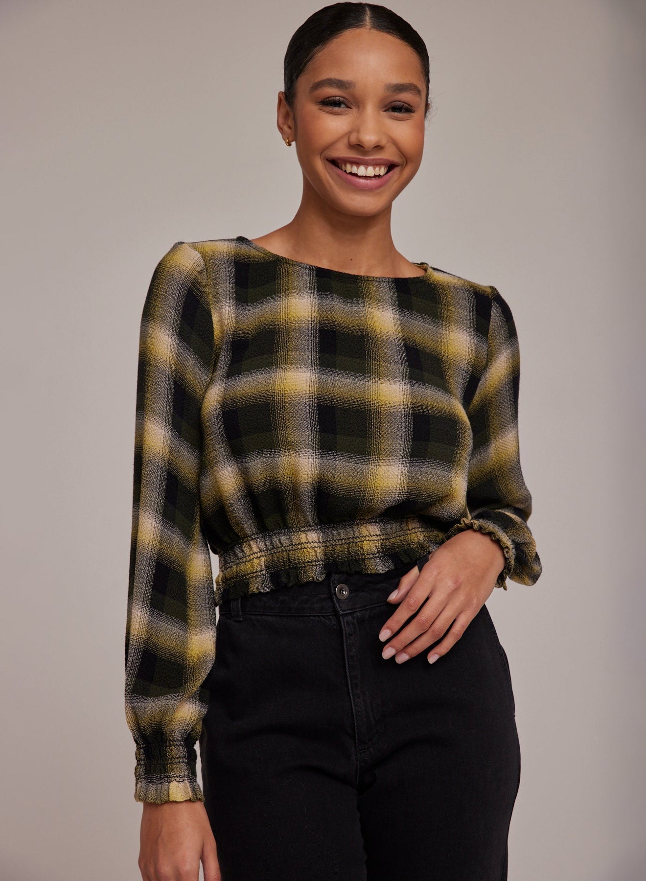 Long Sleeve Smocked Blouse | Green & Black Plaid