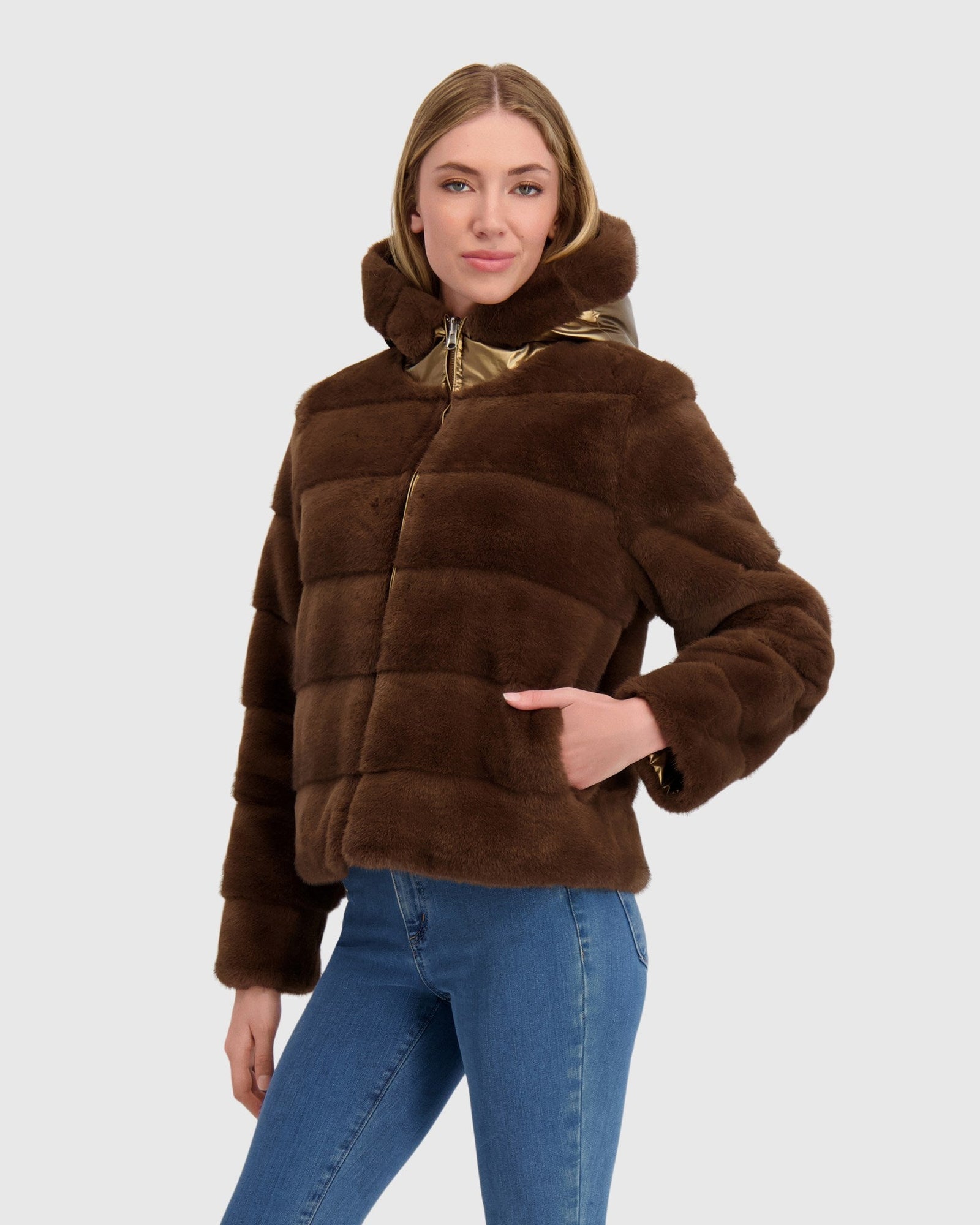 Fur-Free Mink (Faux Fur) Reversible Parka | Brown/Gold Metallic
