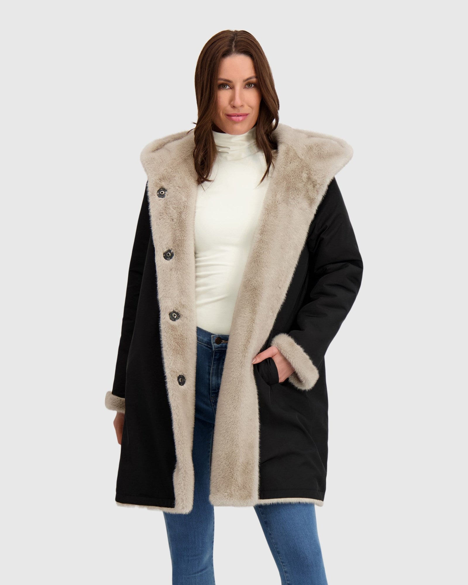 Fur-Free Mink (Faux Fur) Reversible Parka | Silver Blue/Black