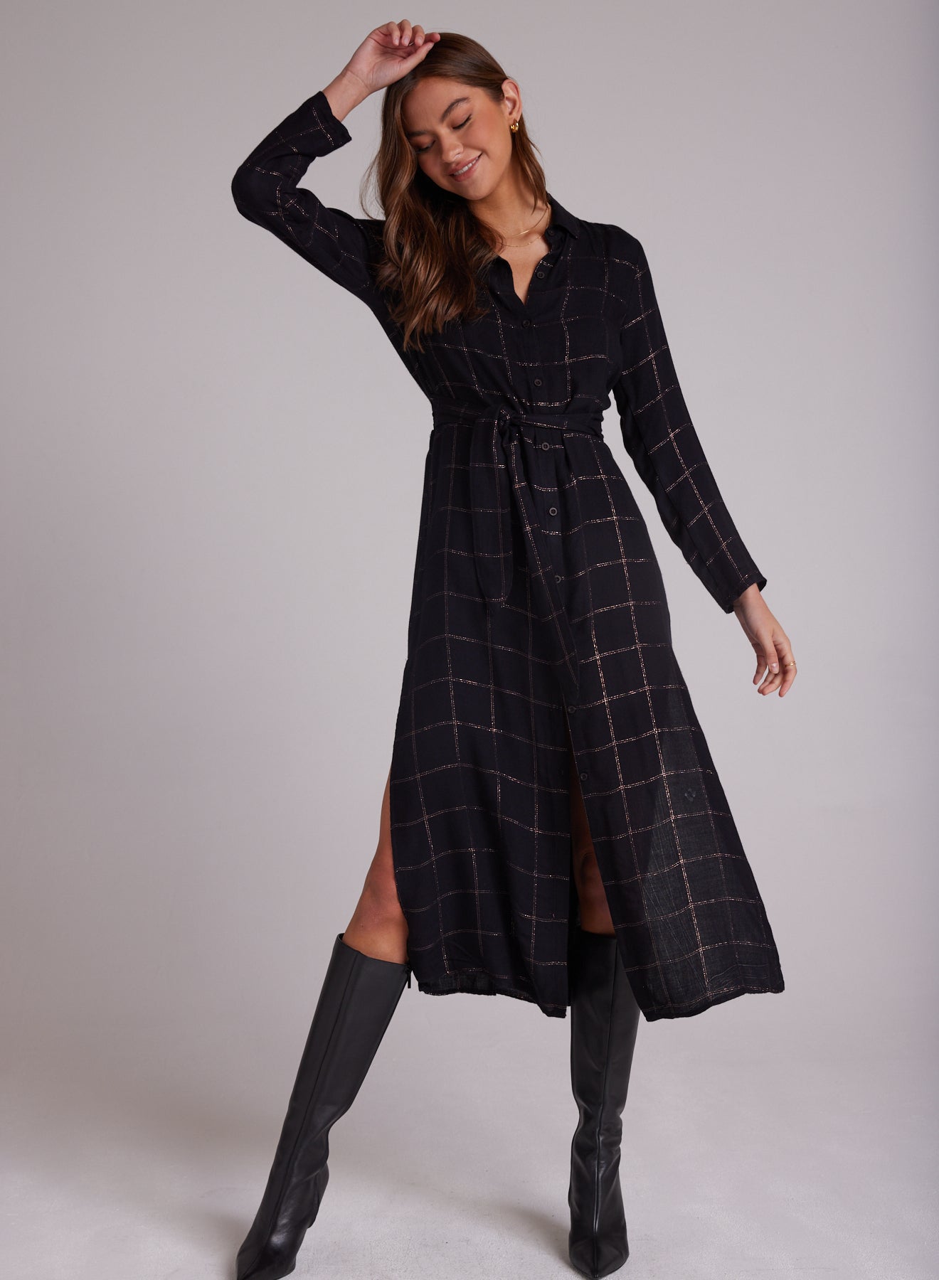 Maxi Shirt Dress With Smocked Waist - Copper Shine Plaid