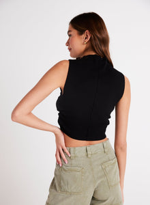Mock Neck Linen Jersey Top | Black