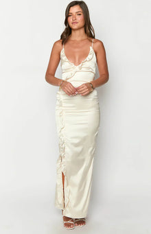 Nahanee Satin Ruffle Maxi Dress | Cream
