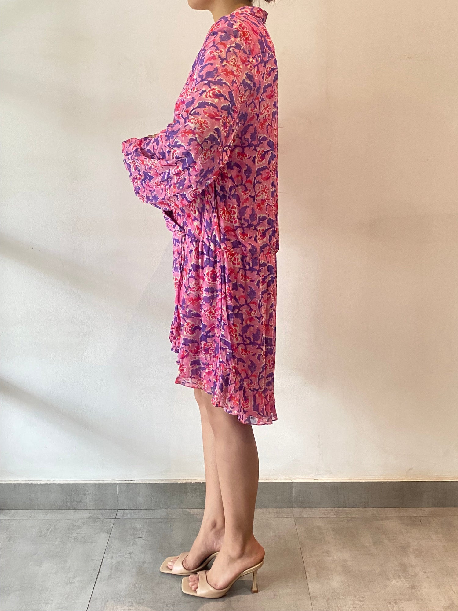 V-Neck Full Sleeve Short Dress | Pink/Multi