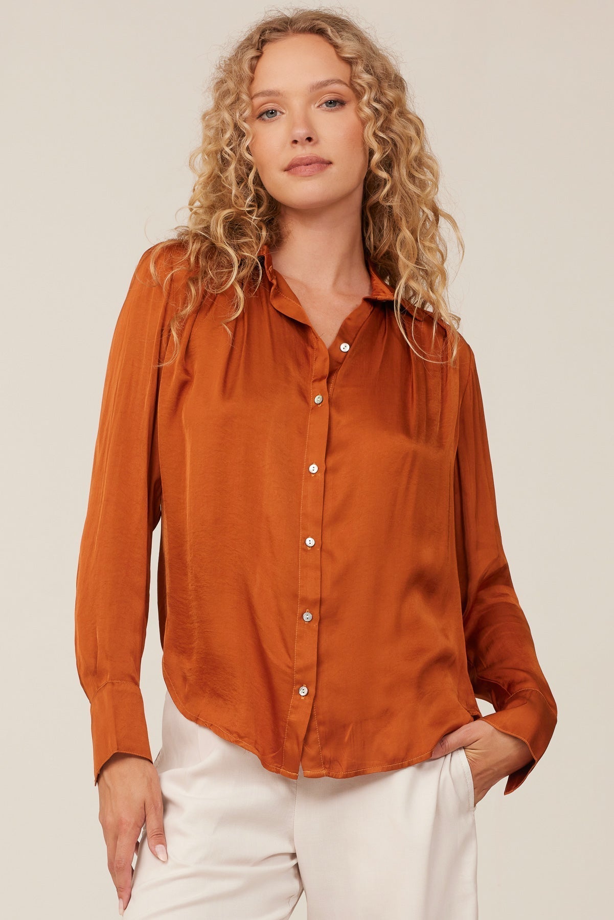 Pleated Button Down Shirt - Tawny Copper