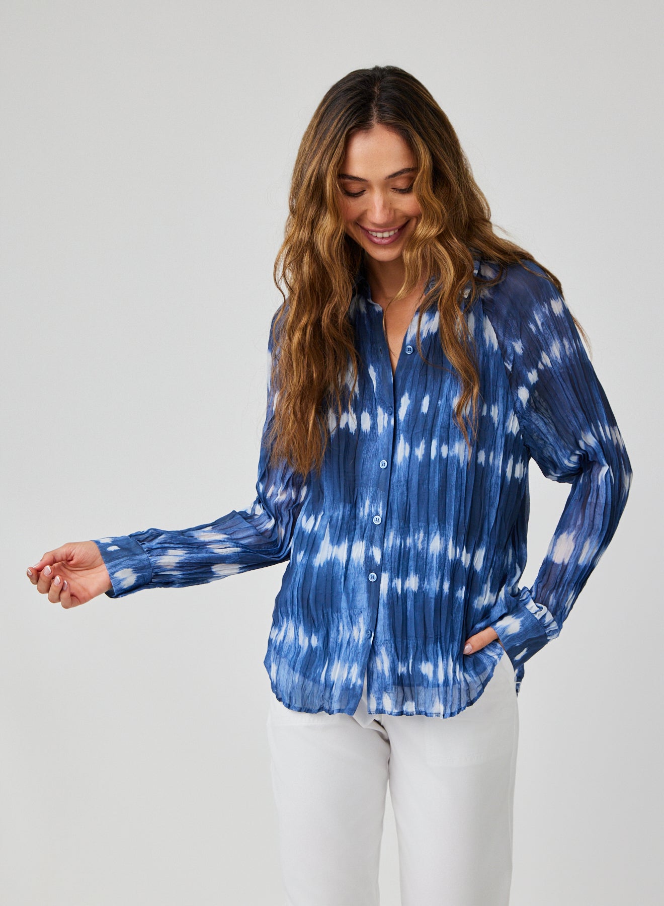 Pleated Raglan Sleeve Shirt | Ocean Tides Print