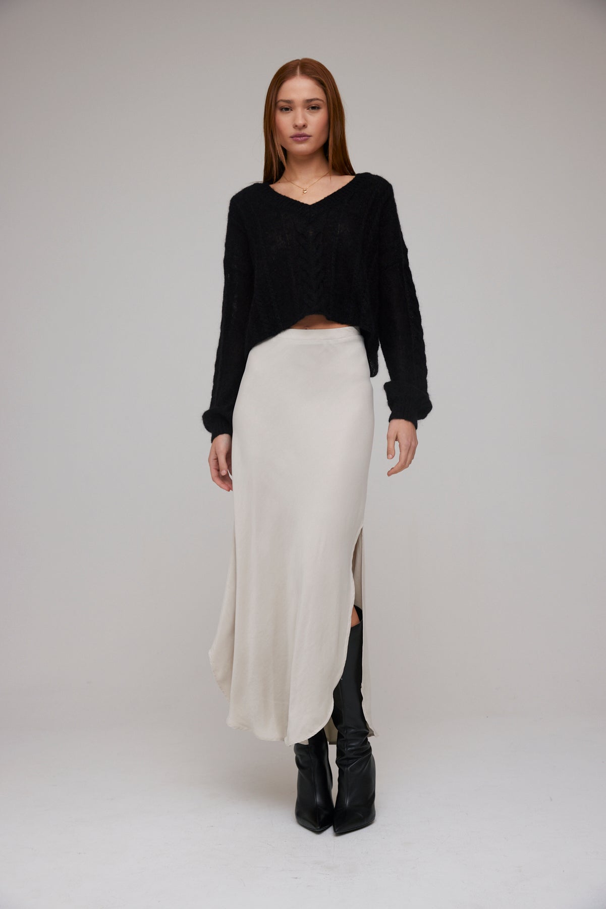 Asymmetric Side Slit Bias Skirt - French Grey