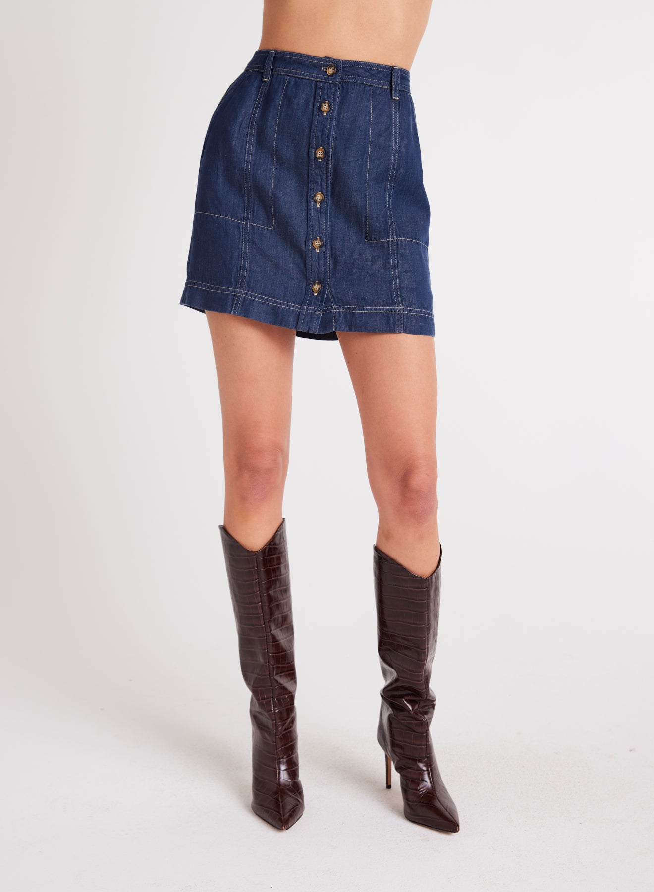 Seamed Button Front Skirt | Dark Denim