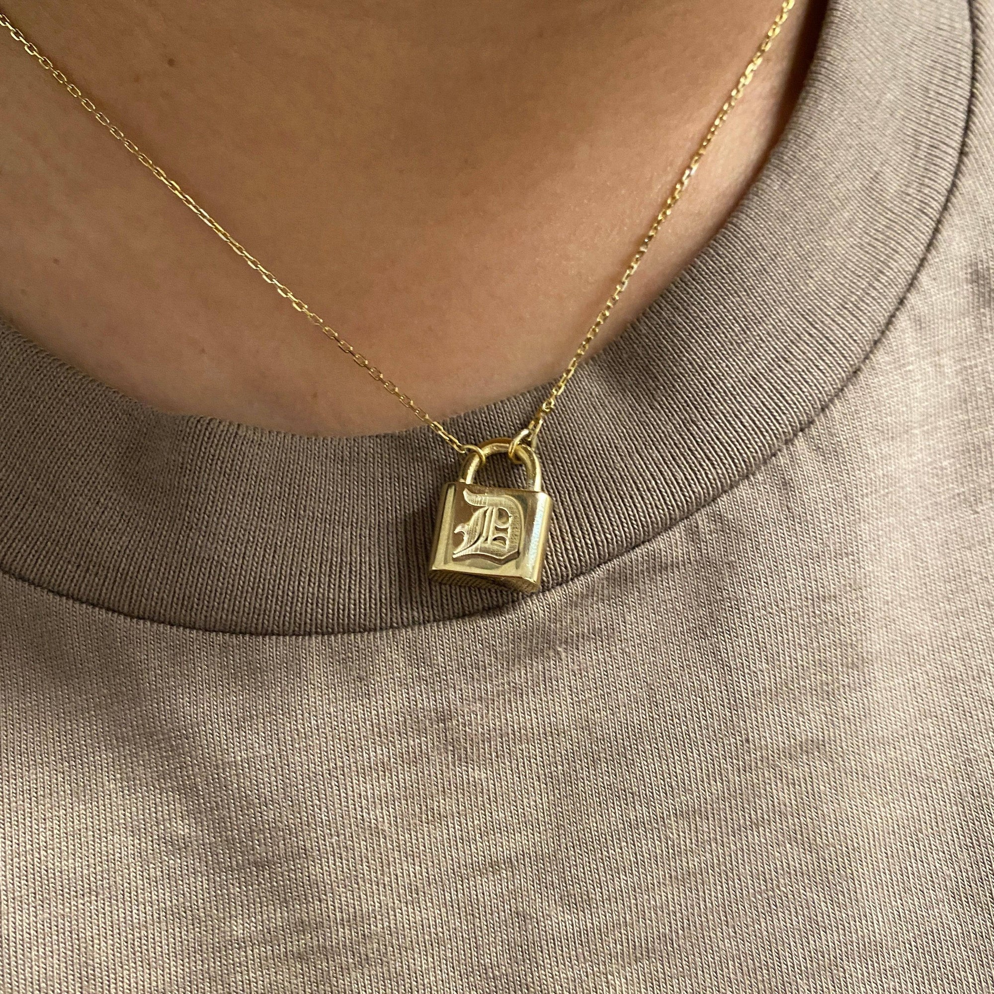 embossed custom initial letter padlock necklace