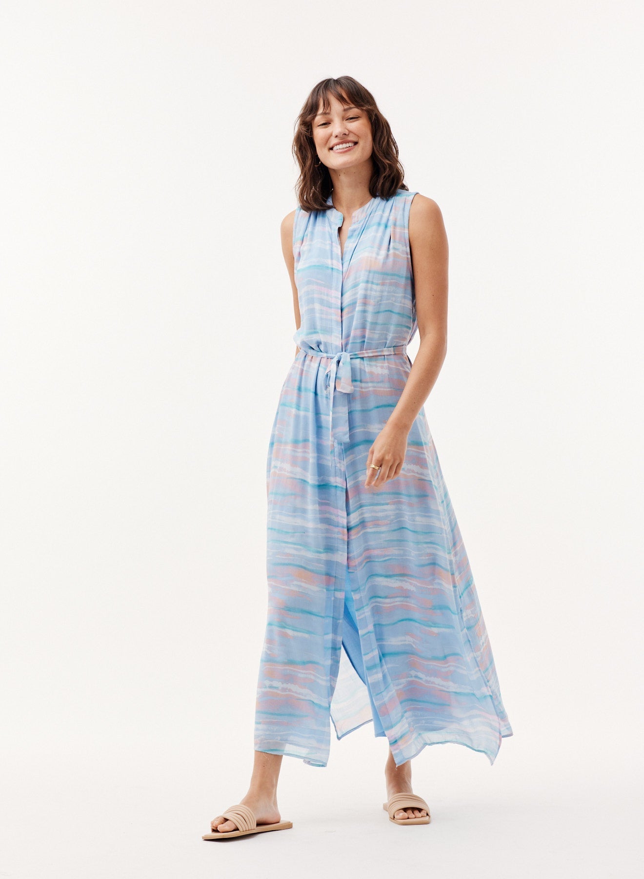 Sleeveless Pleat Front Maxi Dress | Milos Stripe Print