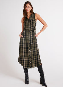 Sleeveless Button Down Midi Dress | Olive Plaid