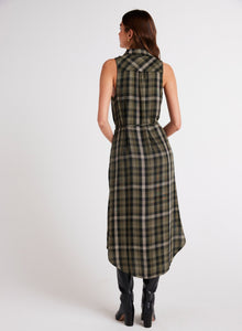Sleeveless Button Down Midi Dress | Olive Plaid