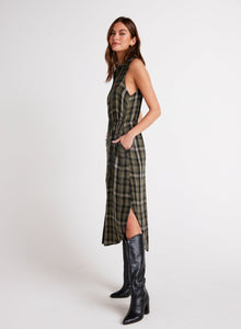Sleeveless Button Down Midi Dress | Olive Plaid