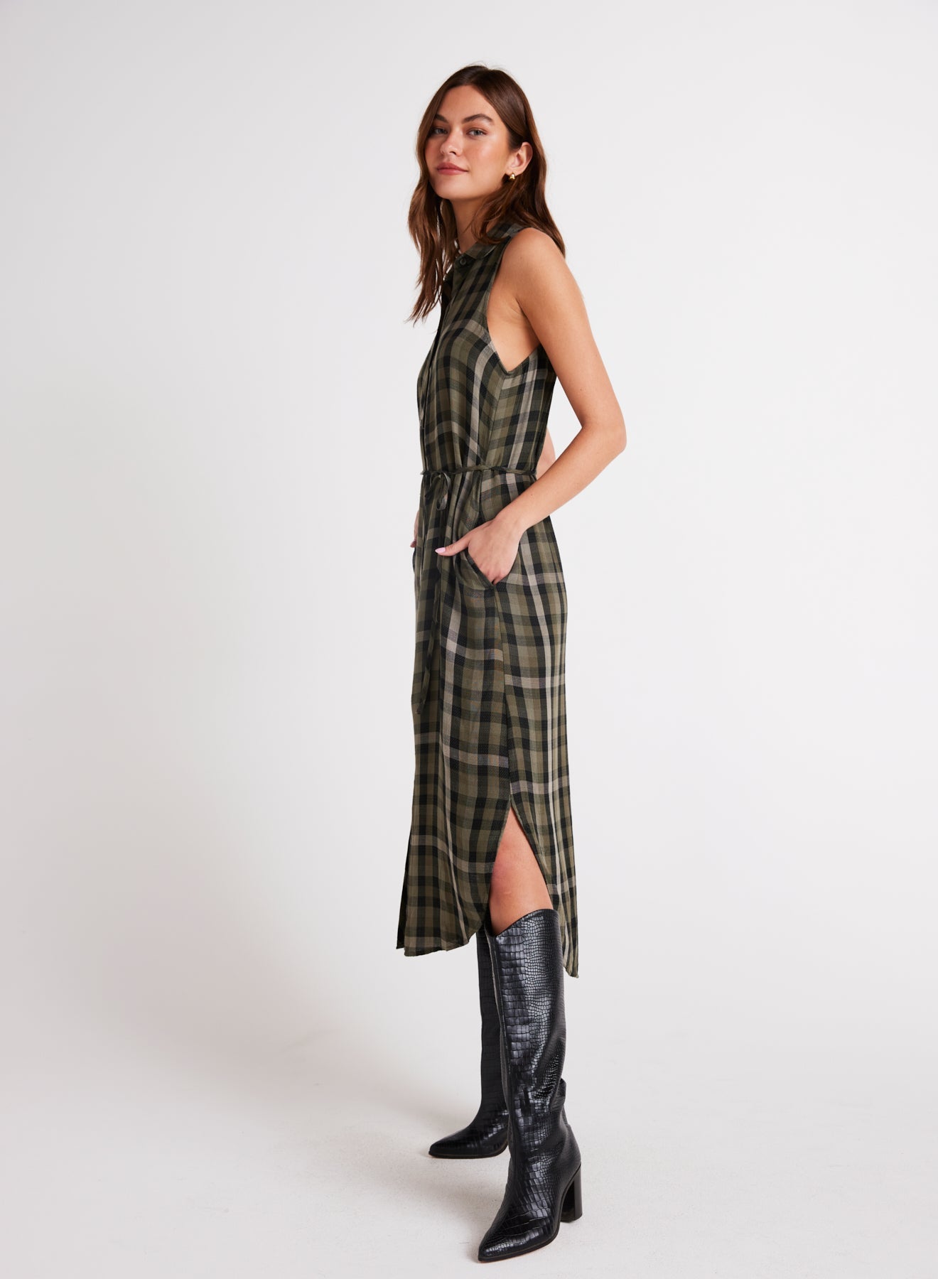 Sleeveless Button Down Midi Dress | Olive Plaid