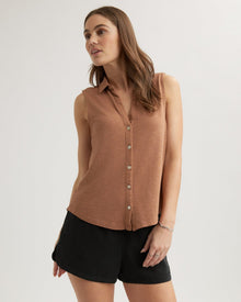 Sleeveless Button Front Top | Terracotta Brown