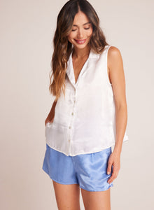 Sleeveless Notch Collar Button Down | White