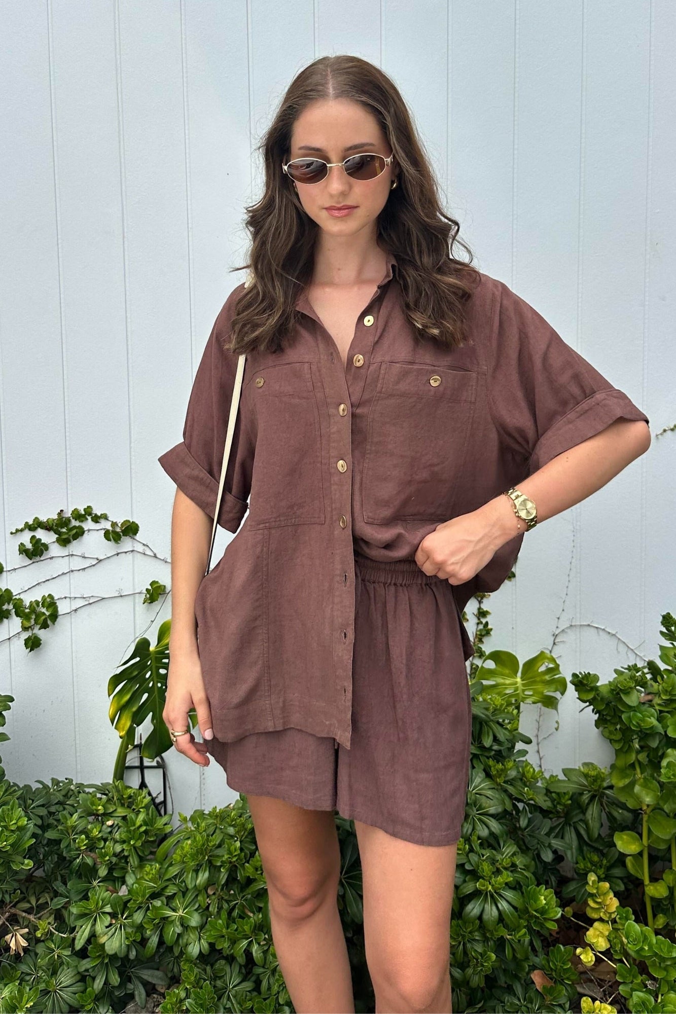 UNE PIECE-Short Sleeve Linen Shirt CHOCOLATE
