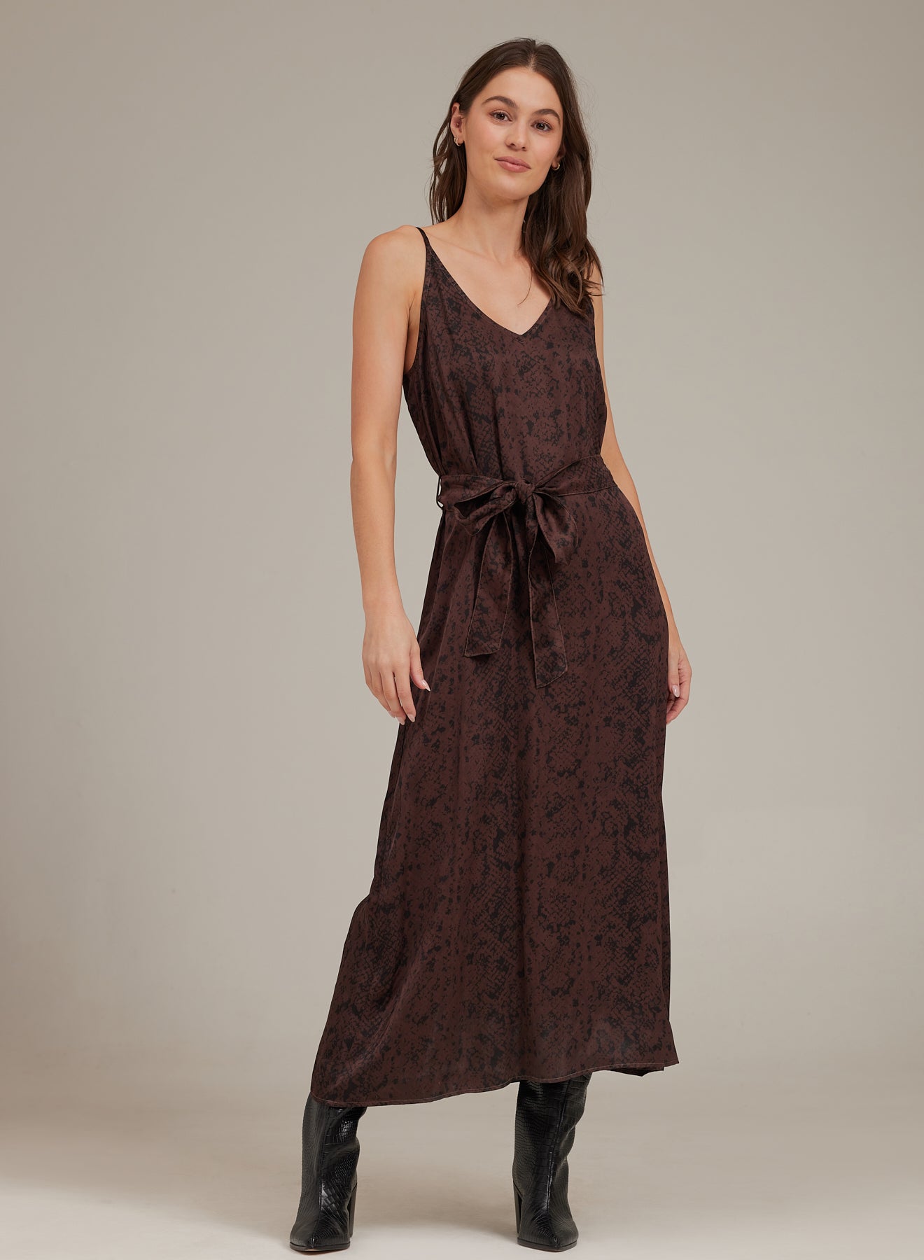 V-Neck Midi Dress - Brown Snake Print