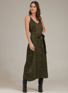V-Neck Midi Dress | Olive Snake Print