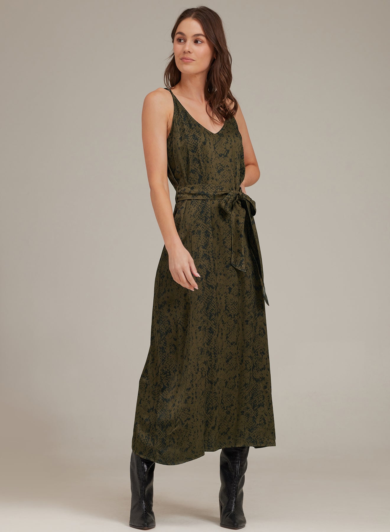 V-Neck Midi Dress | Olive Snake Print