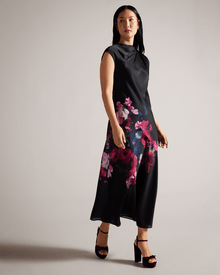 Women | Slip Midi Dress With Drap | Black (V2)