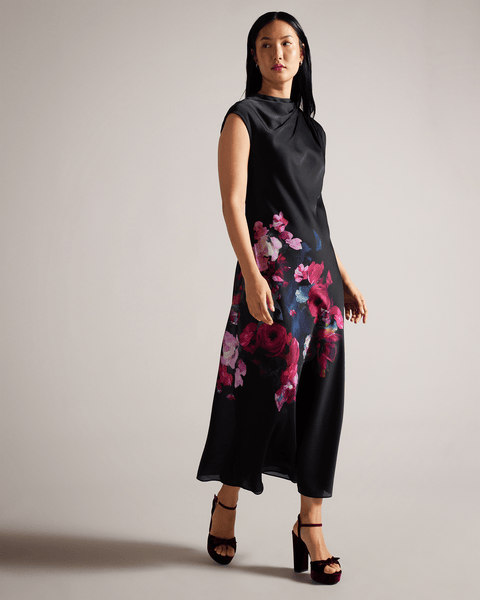Women | Slip Midi Dress With Drap | Black (V2)