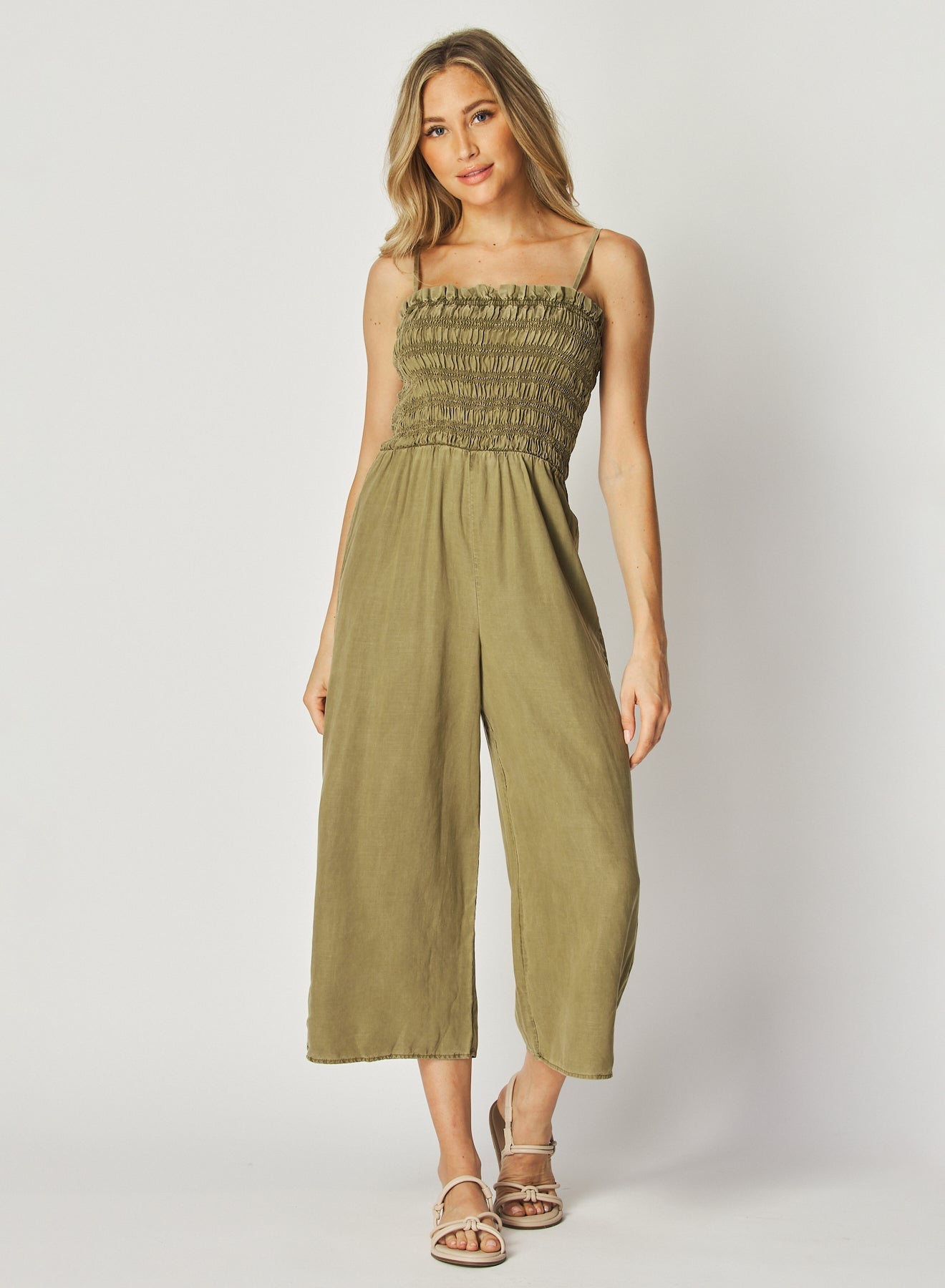 Wide Leg Smocked Ruffle Jumpsuit | French Olive