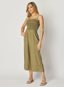 Wide Leg Smocked Ruffle Jumpsuit | French Olive