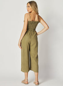 Wide Leg Smocked Ruffle Jumpsuit | French Olive