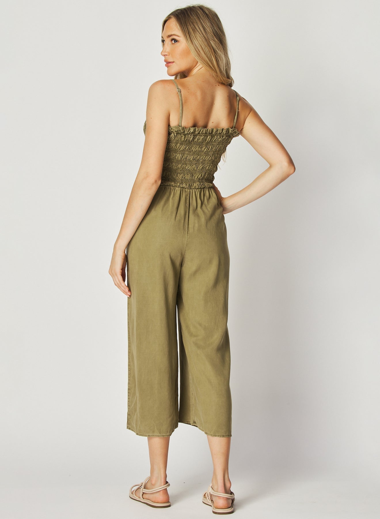 Wide Leg Smocked Ruffle Jumpsuit | French Olive