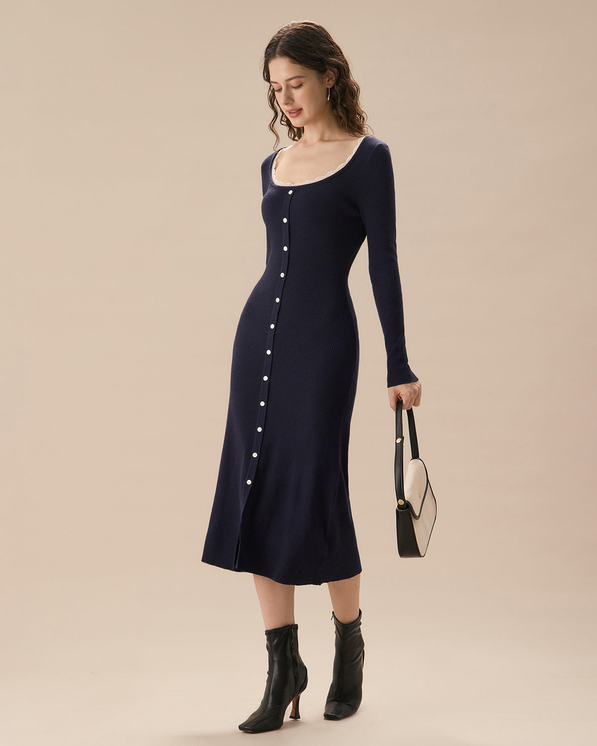 Navy Contrasting Button-Up Sweater Dress